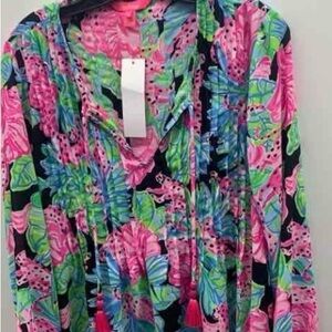 Lilly Pulitzer Pink and Blue Graphic Long Sleeve Blouse